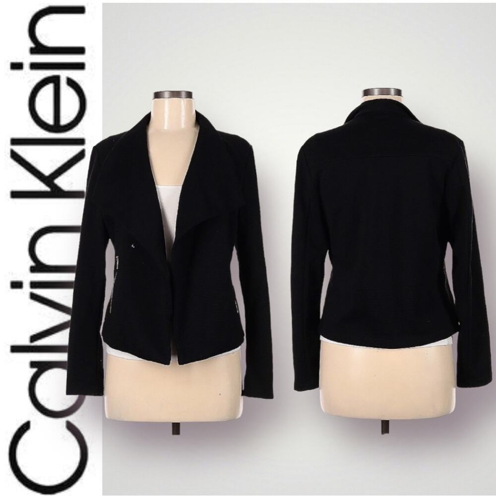 CALVIN KLEIN OPEN FRONT BLAZER EXPOSED ZIPPER POCKETS BLACK - M - Picture 2 of 5